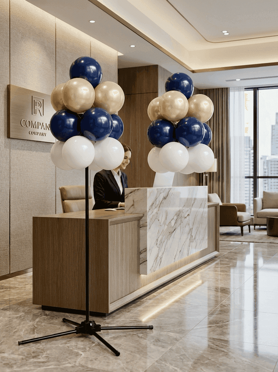 Standing balloon cluster next to reception desk as welcome decoration