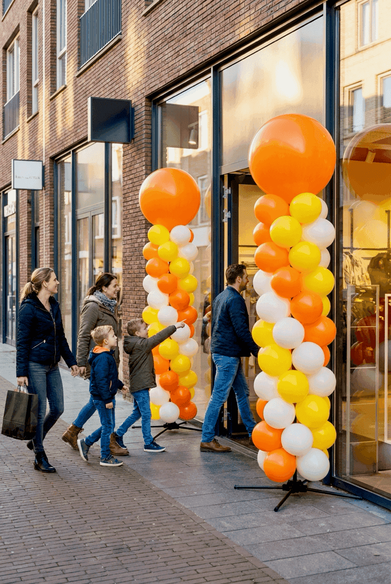 Customers are attracted by festive PilaMania balloon decoration in a store