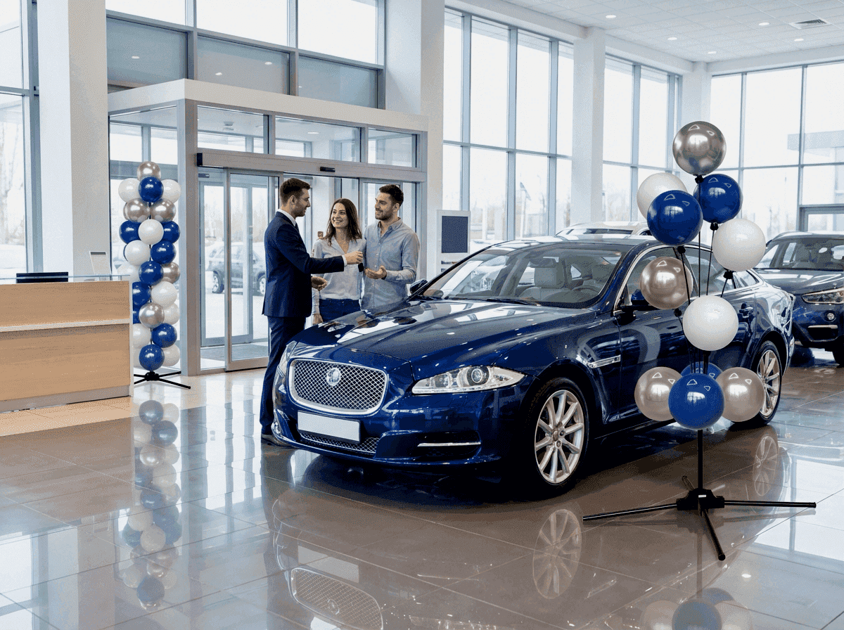Car dealership showroom with silver and dark blue balloon decoration at a delivery moment