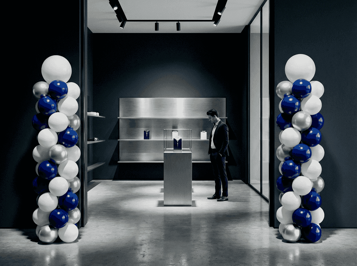 Brand flagship store with dark blue and white balloon pillars at a product launch