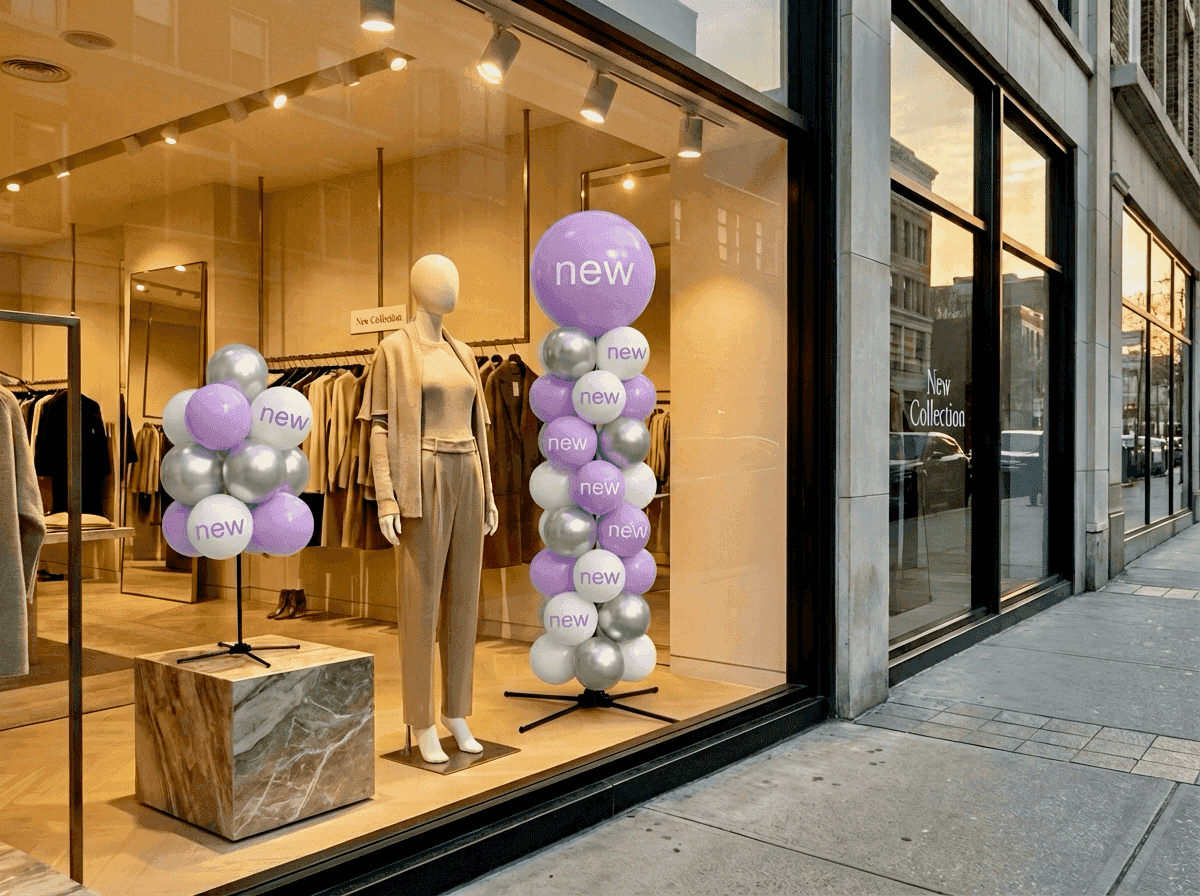 Fashion boutique window display with white and lilac balloon decoration for seasonal change