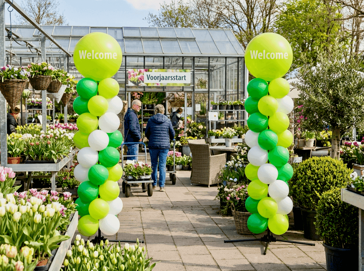 Garden center outdoor entrance with green and lime balloon pillars at the start of spring
