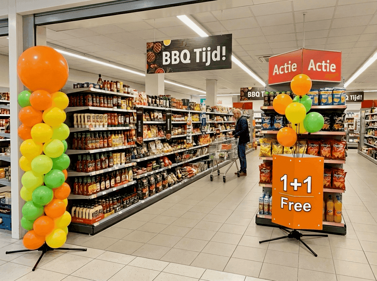 Supermarket themed corner with orange, yellow, and green balloon decoration for a seasonal promotion