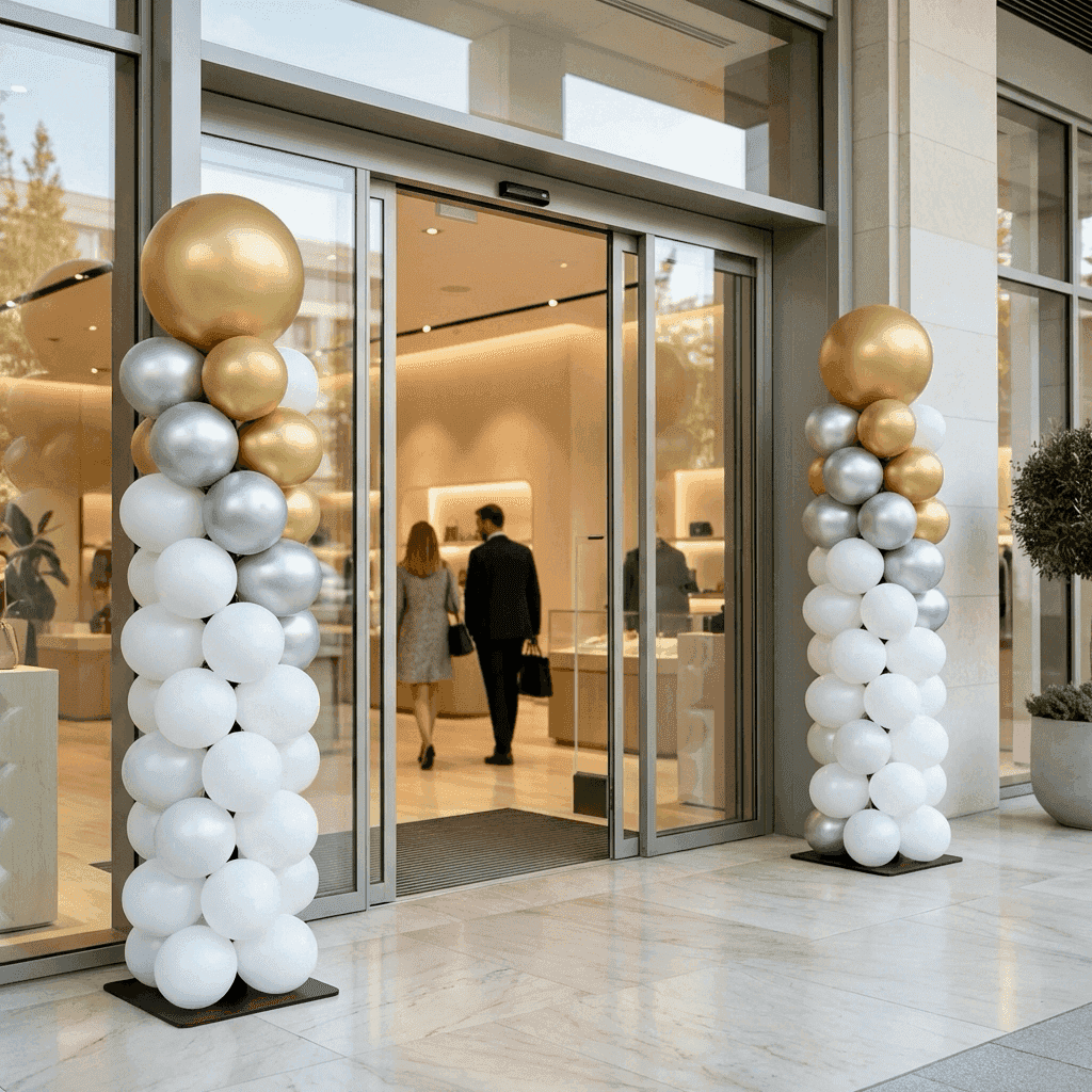 Modern store entrance with elegant PilaMania balloon pillars in white, silver, and gold