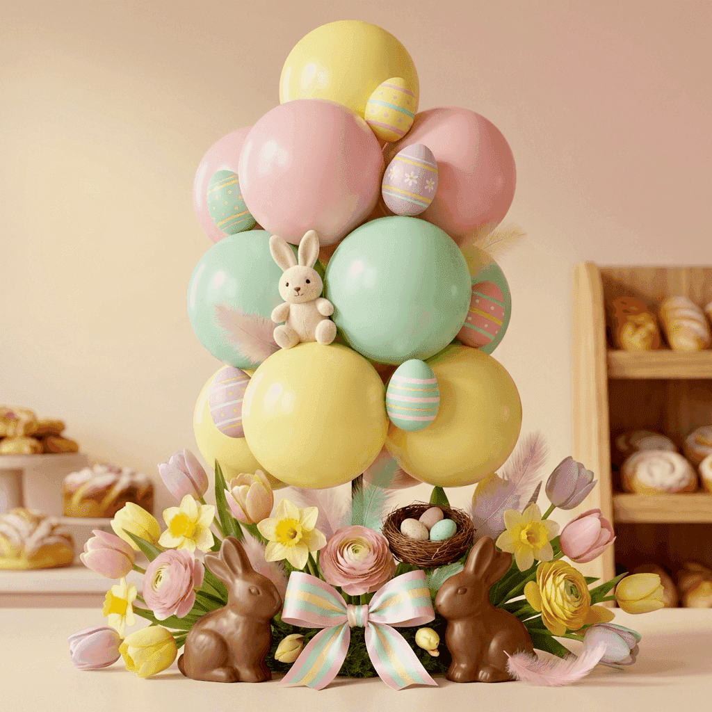 Bakery Easter promotion with baby pink and lemon yellow balloon cluster