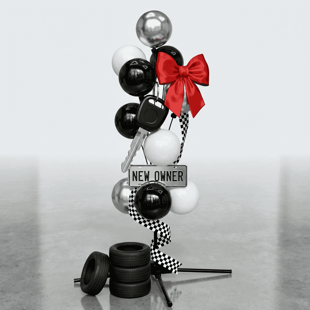 Car dealership delivery moment with silver and dark blue balloon fountain