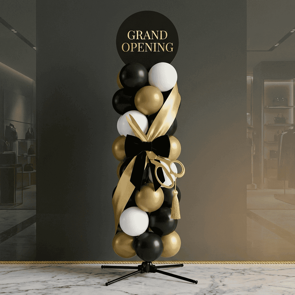 Brand store grand opening with dark blue and white balloon pillars