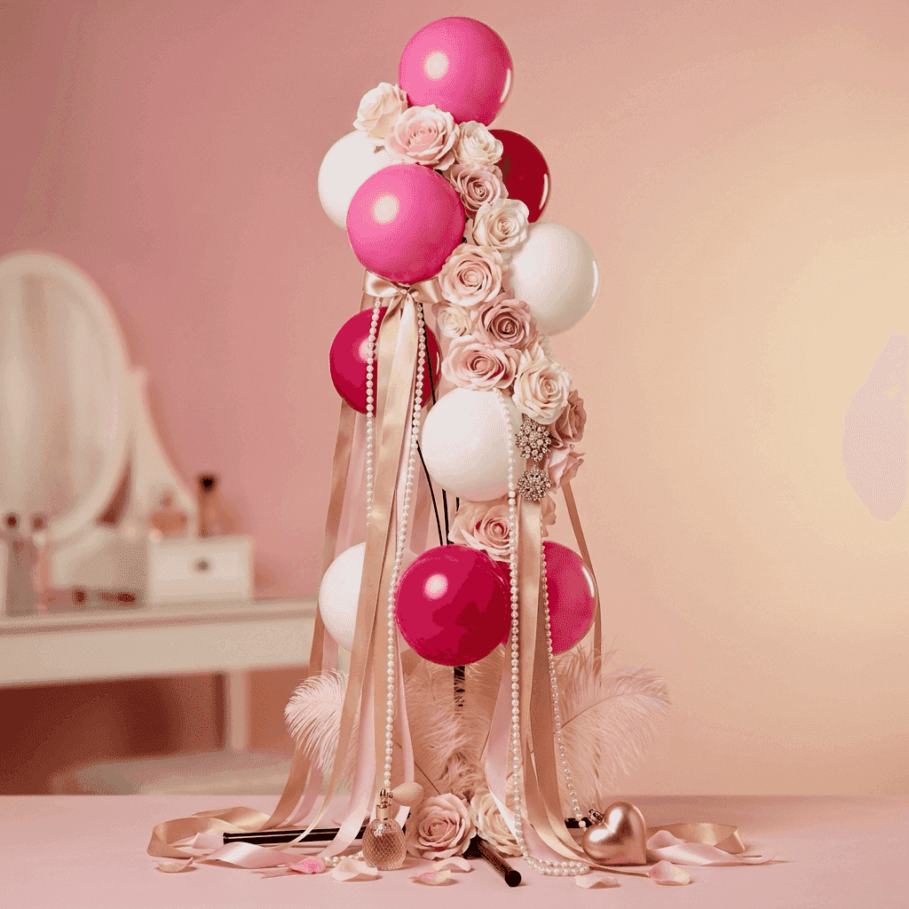 Perfumery Valentine's display with pink and magenta balloon fountain