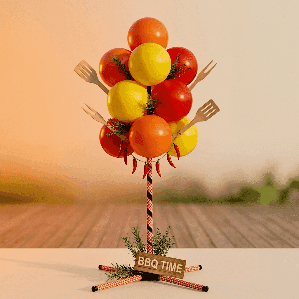 Supermarket BBQ corner with orange and yellow balloon cluster decoration