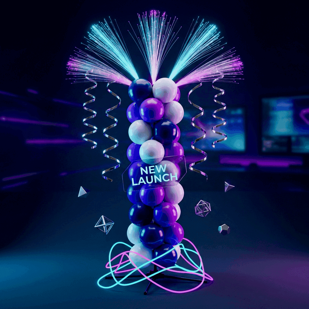 Electronics store product launch with light blue and silver balloon pillar