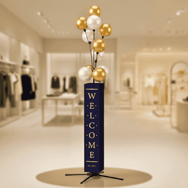 PilaMania Balloon Signage Display totem with gold-white balloon cluster in luxury shop interior