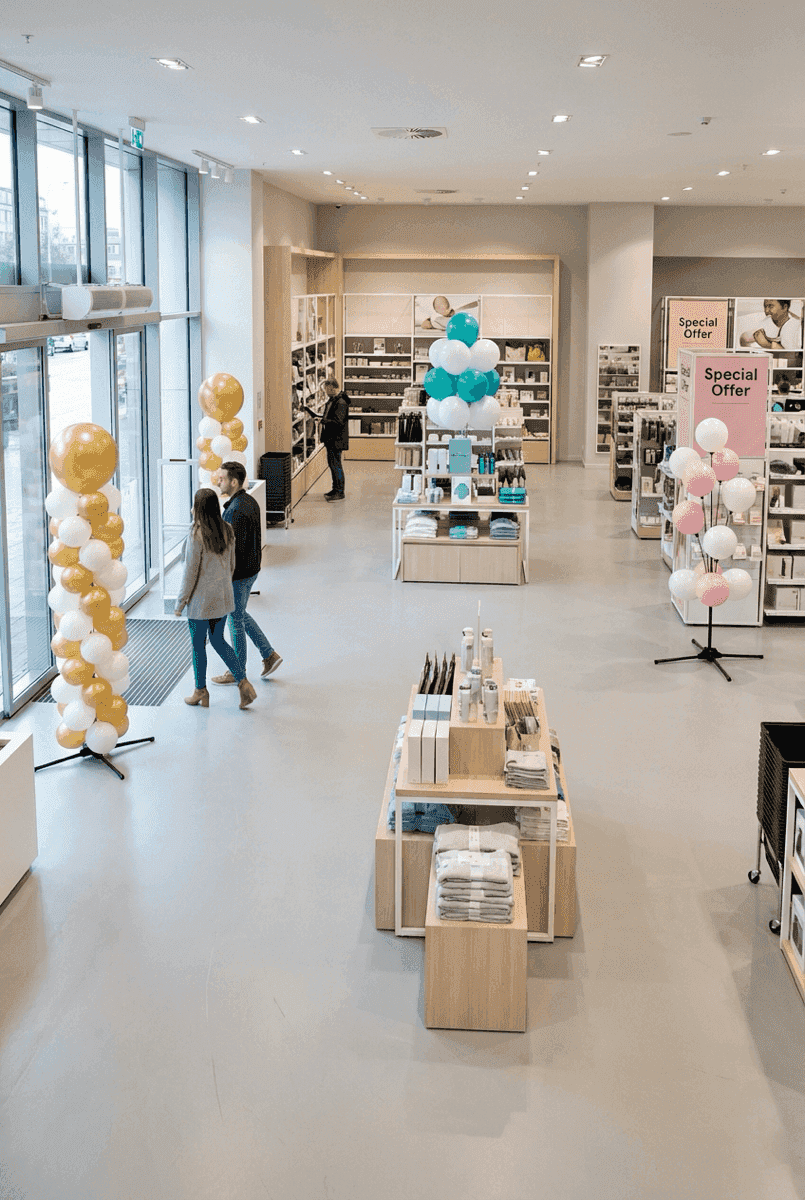 Complete retail setting with a PilaMania balloon pillar at the entrance, a balloon cluster at a display, and a balloon fountain in a promotional corner