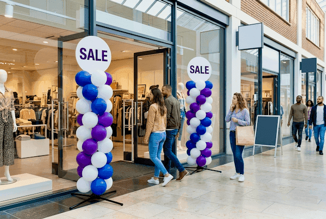 Two balloon pillars in brand colours at shop entrance — professional signage effect