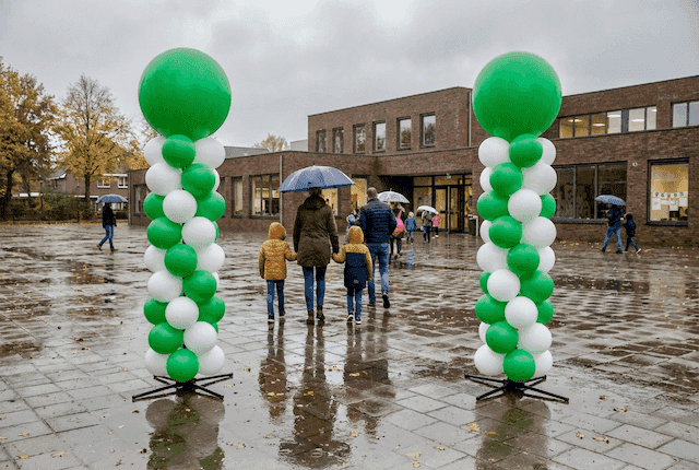 Weather-resistant balloon columns in school colours outside school building for open day