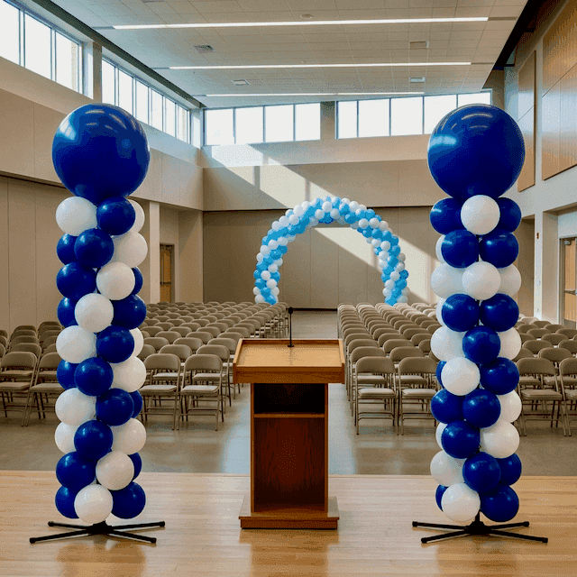 School auditorium fully decorated with balloon columns in school colours for graduation ceremony