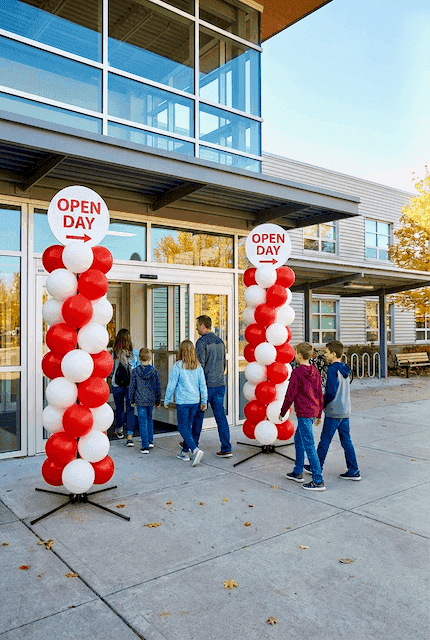 Colourful balloon columns in school colours on either side of the school entrance for open day