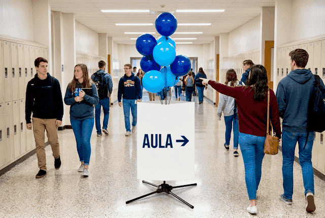Balloon signage display with department name and school colours as navigation point on university campus