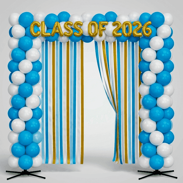 PilaMania balloon arch with graduation banner and class year as photo wall at graduation ceremony