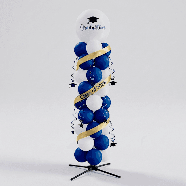 PilaMania column with large top ball featuring graduation year and school name sticker for graduation ceremony