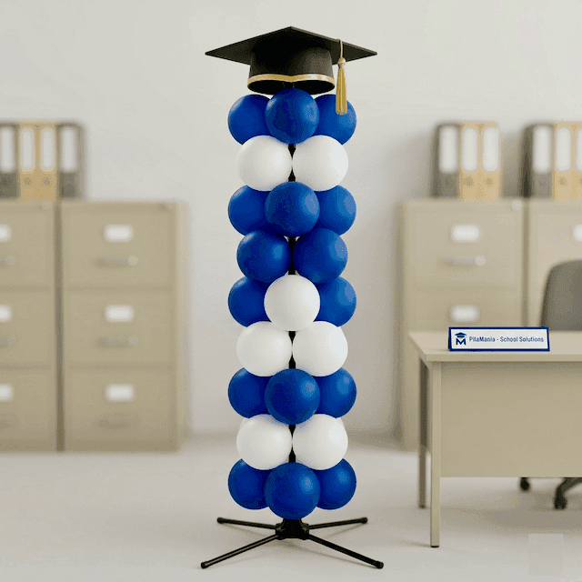 PilaMania balloon column decorated with school colours sash and logo for graduation ceremony