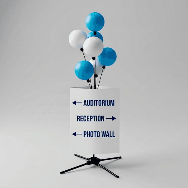 PilaMania balloon signage display with swappable department panel for open day navigation at school