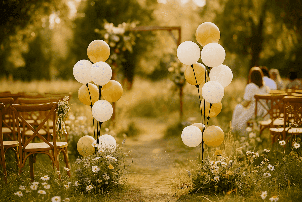 Eco wedding in a flower field with gold and white balloon pillars