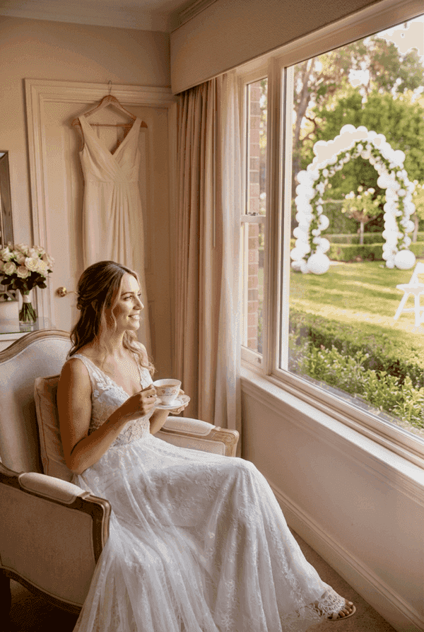 Relaxed bridal couple enjoying their stress-free wedding with PilaMania balloon decoration