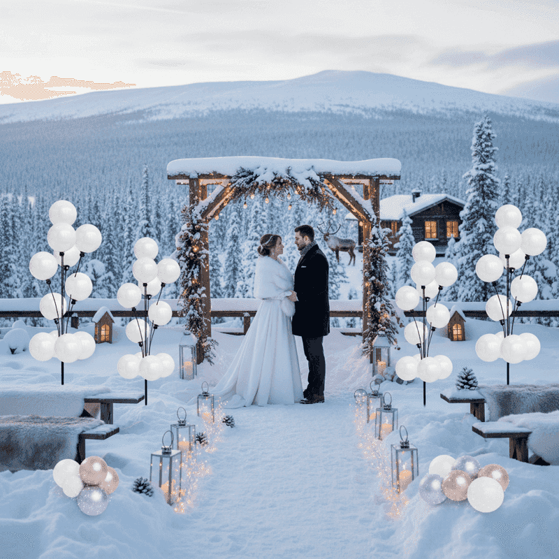 Winter wedding ceremony with balloon pillars in a snowy landscape