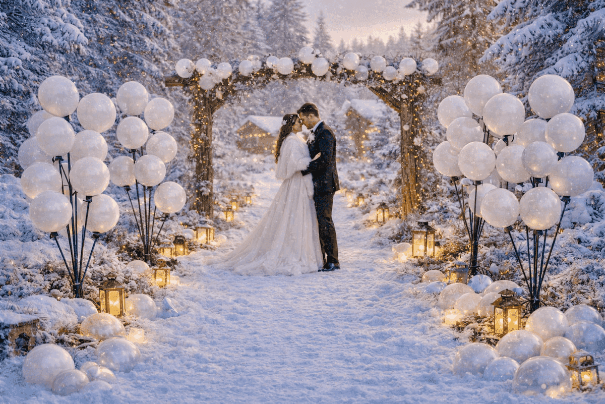 Romantic winter wedding with a white balloon arch, lanterns, and snow