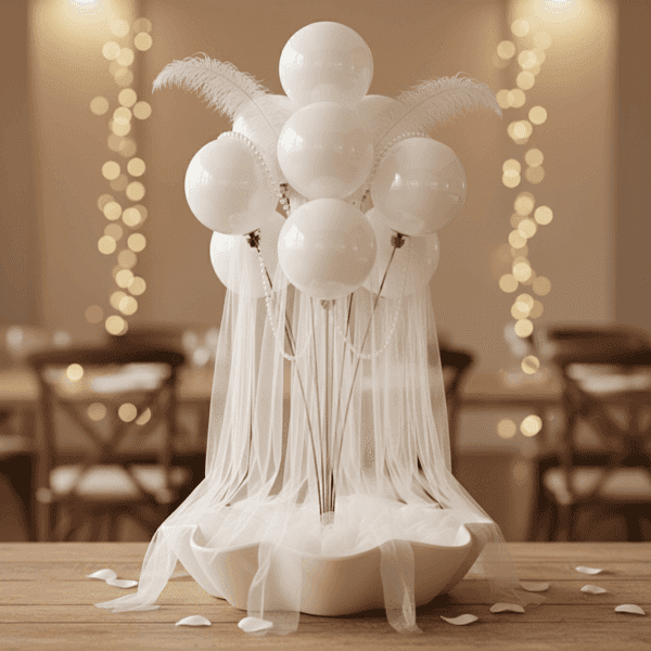 Wedding centerpiece with balloon fountain, tulle, feathers, and a decorative base