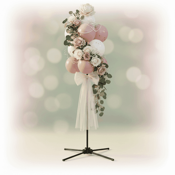 Romantically decorated balloon cluster with bridal topper, tulle, and pearls