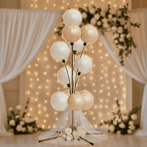 White balloon fountain as elegant wedding table centerpiece