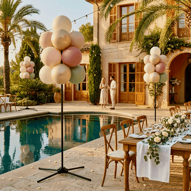 Elegant wedding setting with white and gold PilaMania balloon pillars at the ceremony