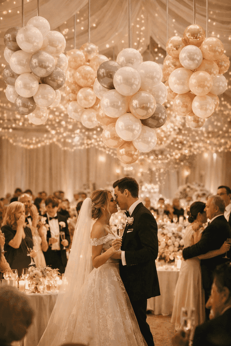 Bridal couple dancing under a hanging balloon cluster with atmospheric lighting