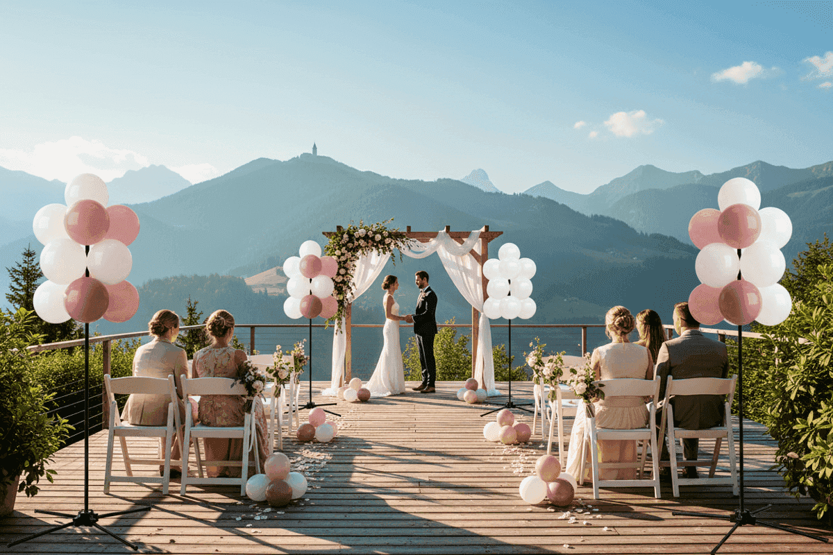 Wedding ceremony in the mountains with pink and white balloon clusters