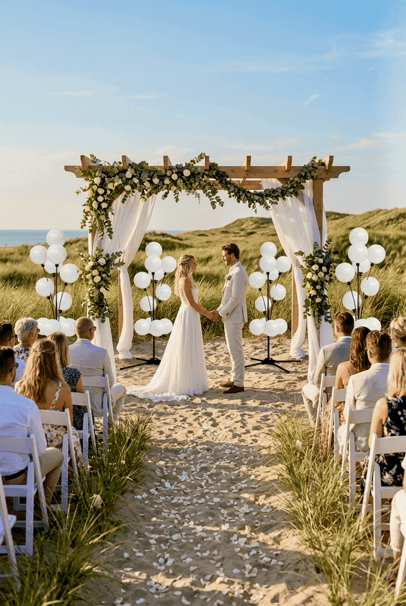 Complete wedding setting with PilaMania decorations: arch, pillars, and fountains