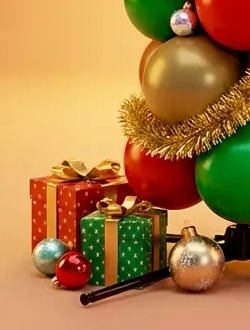 Wrapped presents around the base of a balloon column in Christmas colours