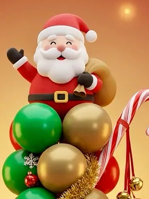 Santa as a topper above red, green and gold balloons