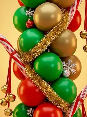 Gold garland wound diagonally around green and gold balloons