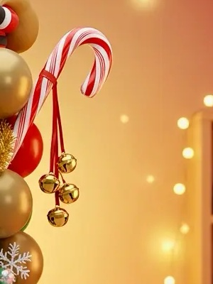 Candy cane with gold bells as an accent on a balloon set-up