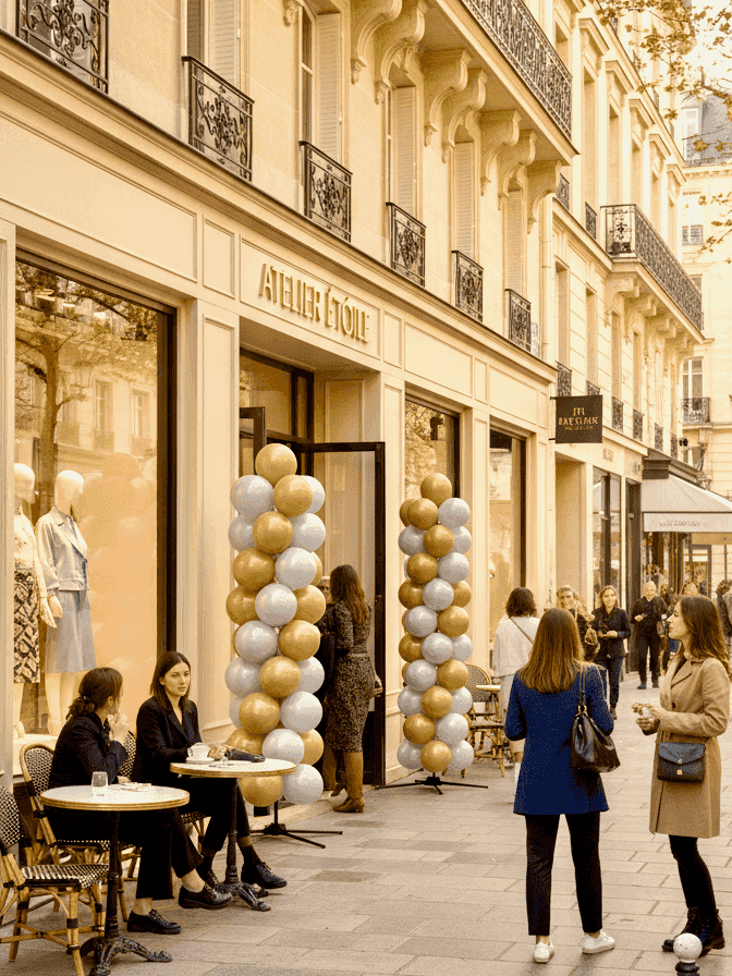 Two balloon columns in gold and silver beside the entrance of a luxury boutique