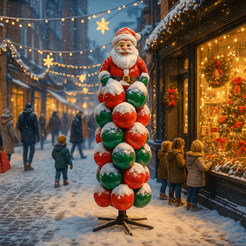 Balloon column with a Santa topper, covered in snow, outside a shop in a festive shopping street