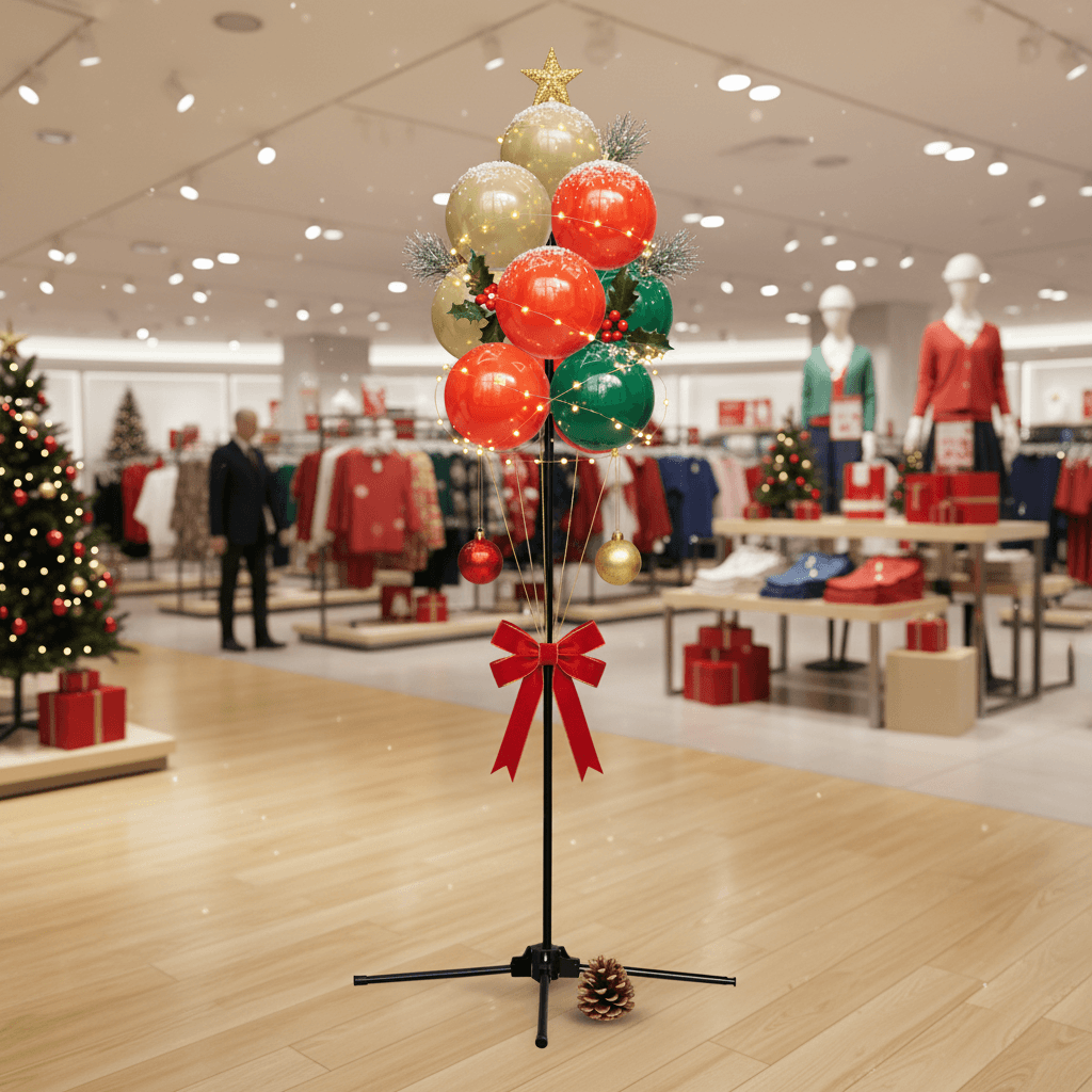 Balloon cluster with a red bow and gold star in a clothing store dressed for Christmas