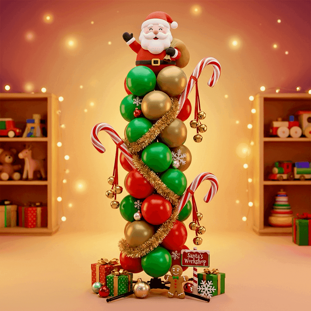 Christmas column with red, green and gold balloons, garlands and gifts in a toy shop