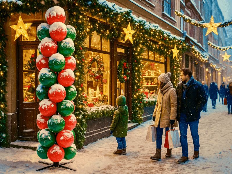 Balloon column with a Santa topper, covered in snow, outside a shop in a festive shopping street