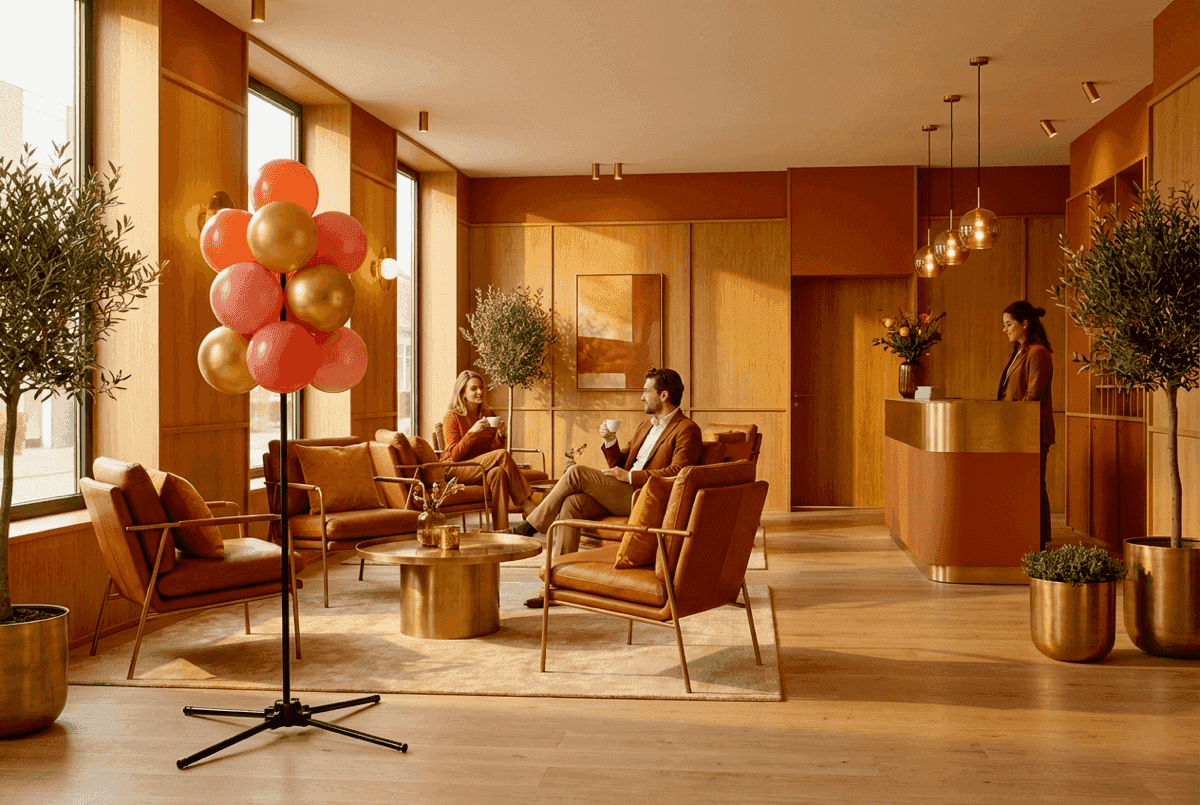 Restaurant interior with warm lighting and balloon decoration at the bar
