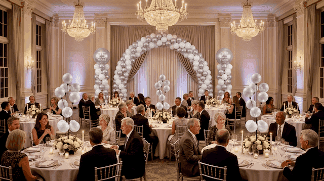 Festively laid hotel ballroom with gold balloon decoration beside the set tables