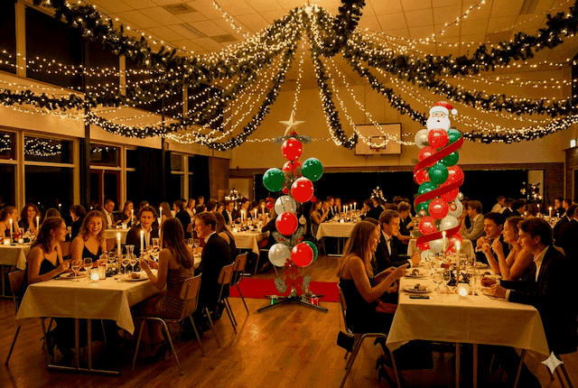 Christmas gala in a hall with lights, greenery and two balloon columns in Christmas colours