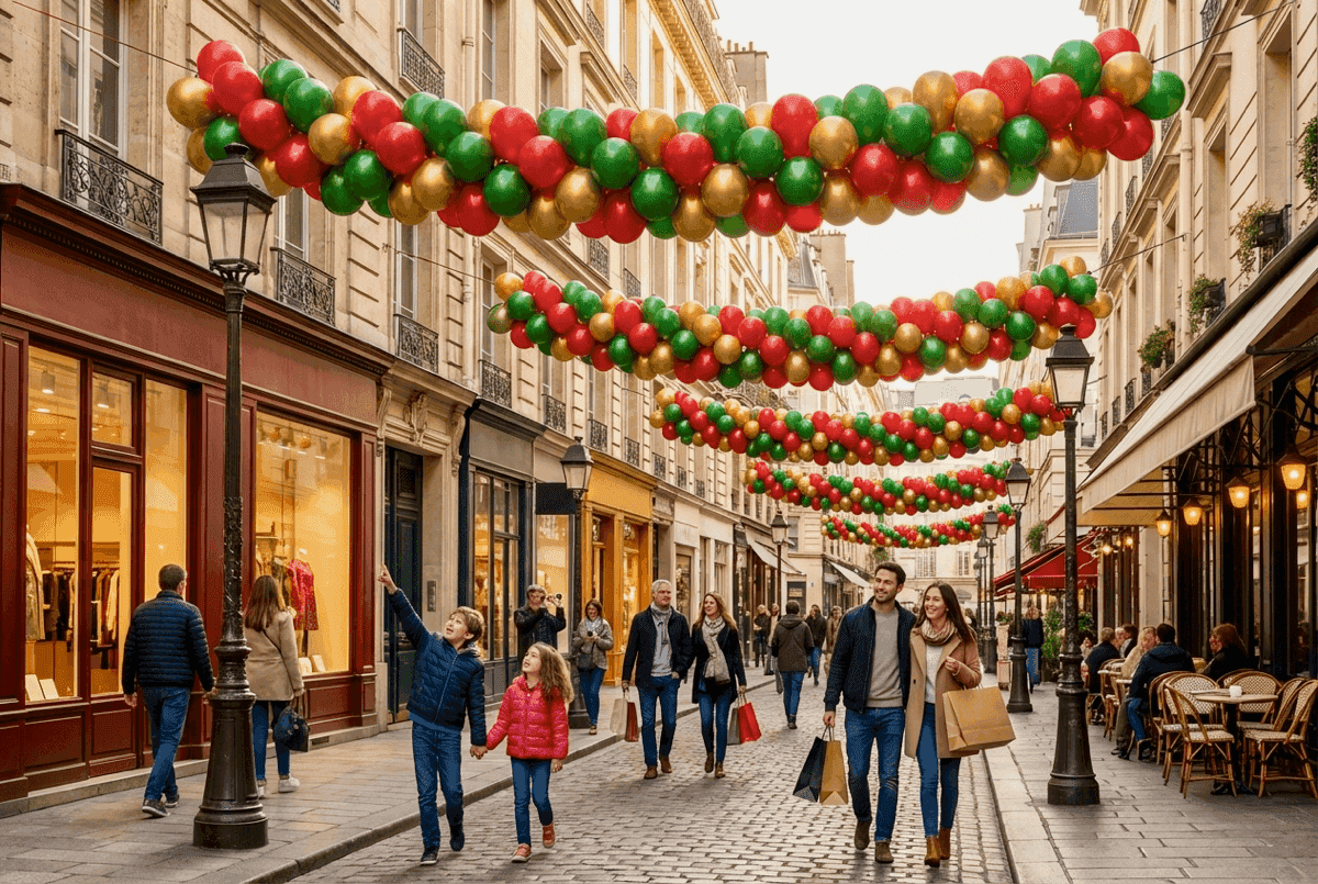 Garlands of red, green and gold balloons strung above a shopping street with shoppers
