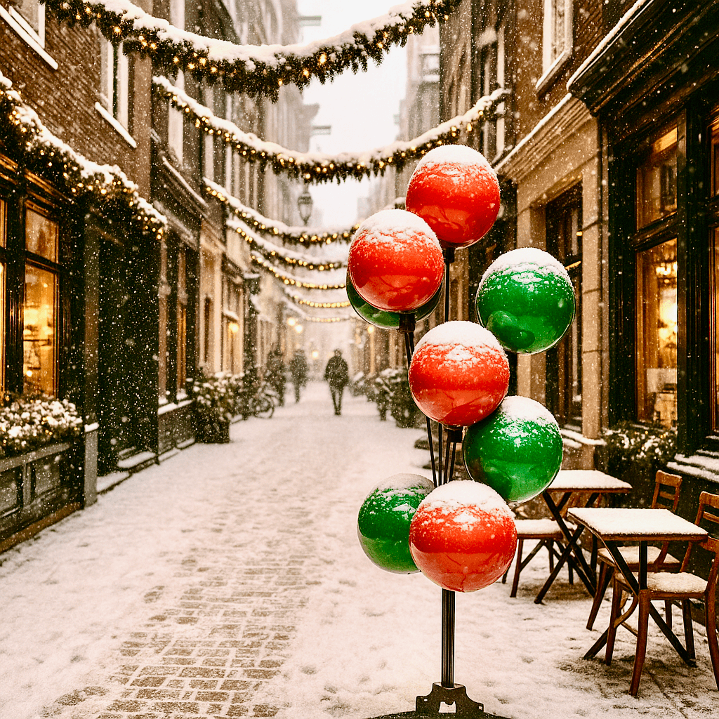 Balloon fountain with snow-covered red and green balls in a shopping street during snowfall